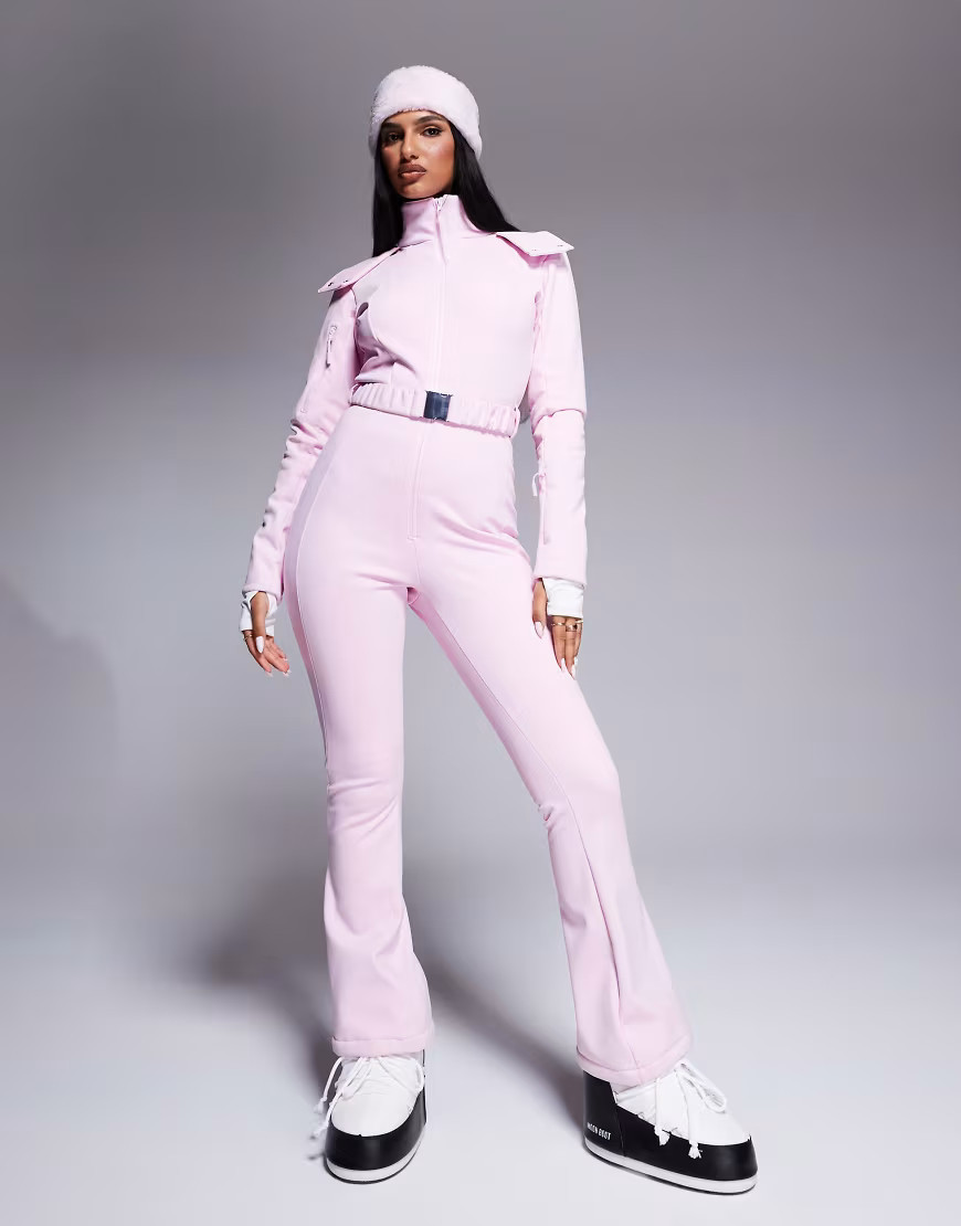 4505 Ski belted ski suit with slim kick leg and faux fur hood in Pink | ASOS (Global)