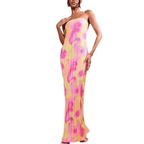 Women Tie Dye Print Bodycon Maxi Dress Y2k Strapless Tube Dress Backless Slim Fit Long Dress Night Party Clubwear(A1-Deep Pink Print,S) | Amazon (US)