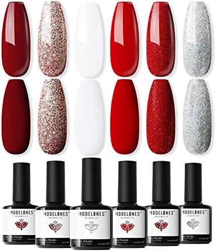 Modelones Gel Nail Polish - 6 Colors Burgundy Red Glitter Silver Sparkle Gel Polish Set Snow Whit... | Amazon (US)