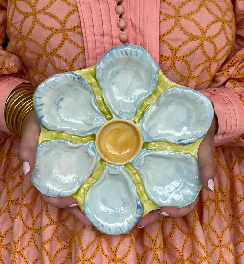Hand Painted Cast Oyster Plate - Blue, Green and Yellow | Etsy (Global)