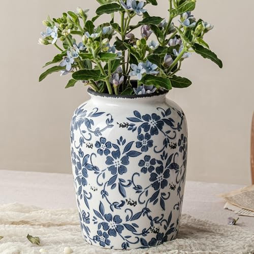 Blue and White Vintage Vase, Ceramic Chinoiserie Floral Vases, Retro Ice Cracked Round Farmhouse Rustic Large Flower Vases for Home Decor Centerpieces, Living Room, Bookshelf, Office 7.8 Inch | Amazon (US)