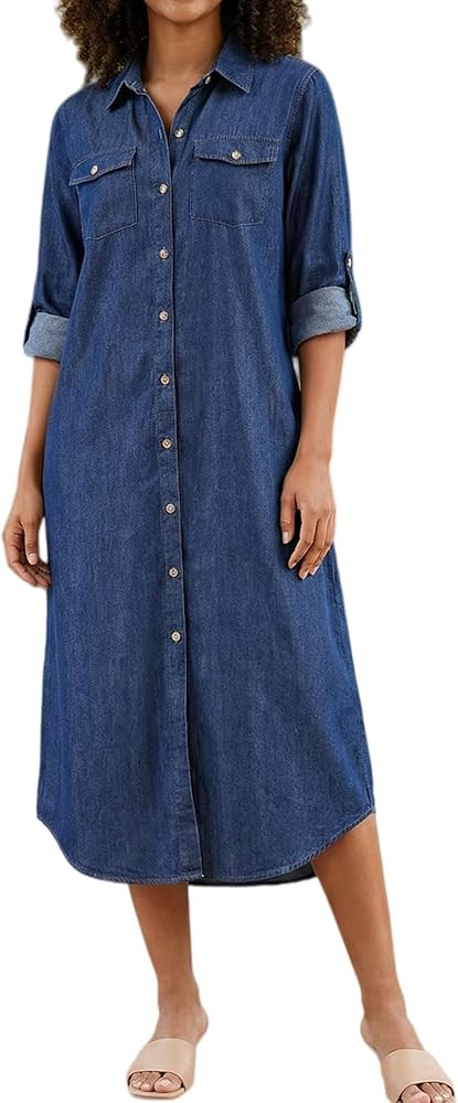 Kuraki Women's Casual Print Button Front Maxi Shirt Dress | Amazon (US)