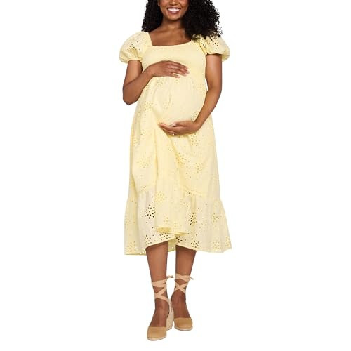 Motherhood Maternity Women's Square Neck Puff Sleeves Smocked Midi Pregnancy Dress, Pastel Yellow, Medium | Amazon (US)