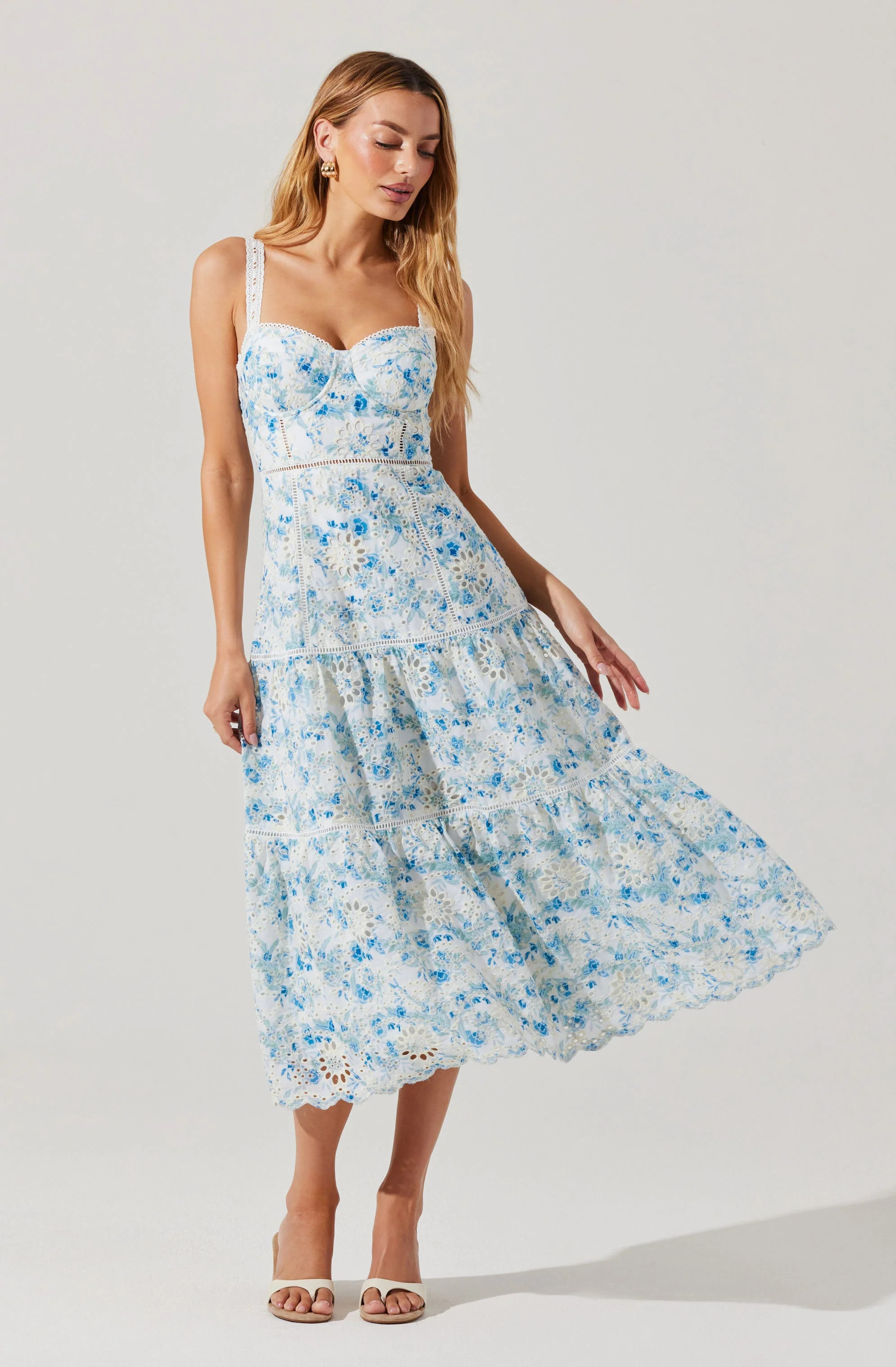 Pellagia Floral Eyelet Midi Dress - White blue floral / L | ASTR The Label (US)