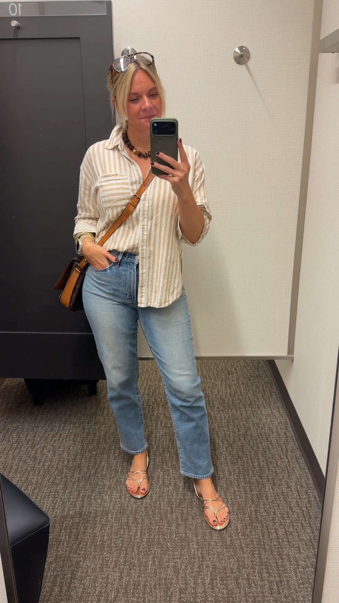 OOTD ✨ Striped linen button down + light wash straight leg denim + minimal gold sandals + a chunky necklace. All from my own closet — linked the closest versions I could find. Everything shoppable below! 👇

#LTKdayinmylife #LTKootd #LTKOver40