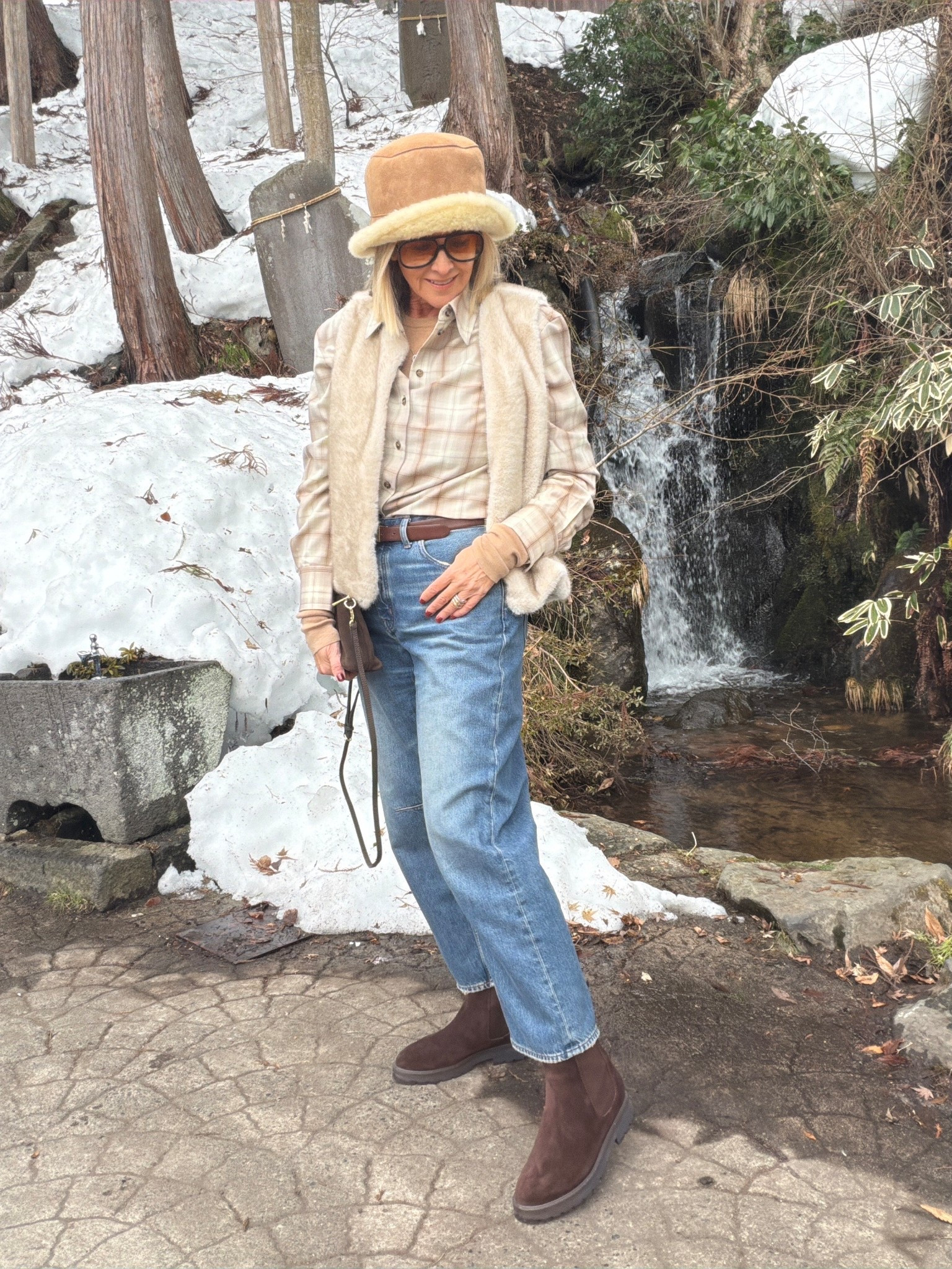Wearing 12 in shirt
Wearing size L in merino long sleeve underneath 
Wearing size 29 in the jeans

Fur vest: Zoe Kratzmann (code nikkiexclusive20)
Boots: FRANKIE4 coming this autumn 
Hat: Will and Bear (code STYLINGYOU)
Sunnies: Valley Eyewear Bang Bang

#LTKaustralia #LTKover50style #LTKtravel