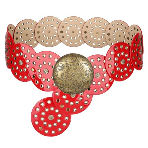 WERFORU Women Vintage Leather Belt Western Disc Waist Belts Ladies Western Belt Boho Belt for Dress Jean (57":Fit Waist Size Below 54",Red-Bronze Buckle) | Amazon (US)