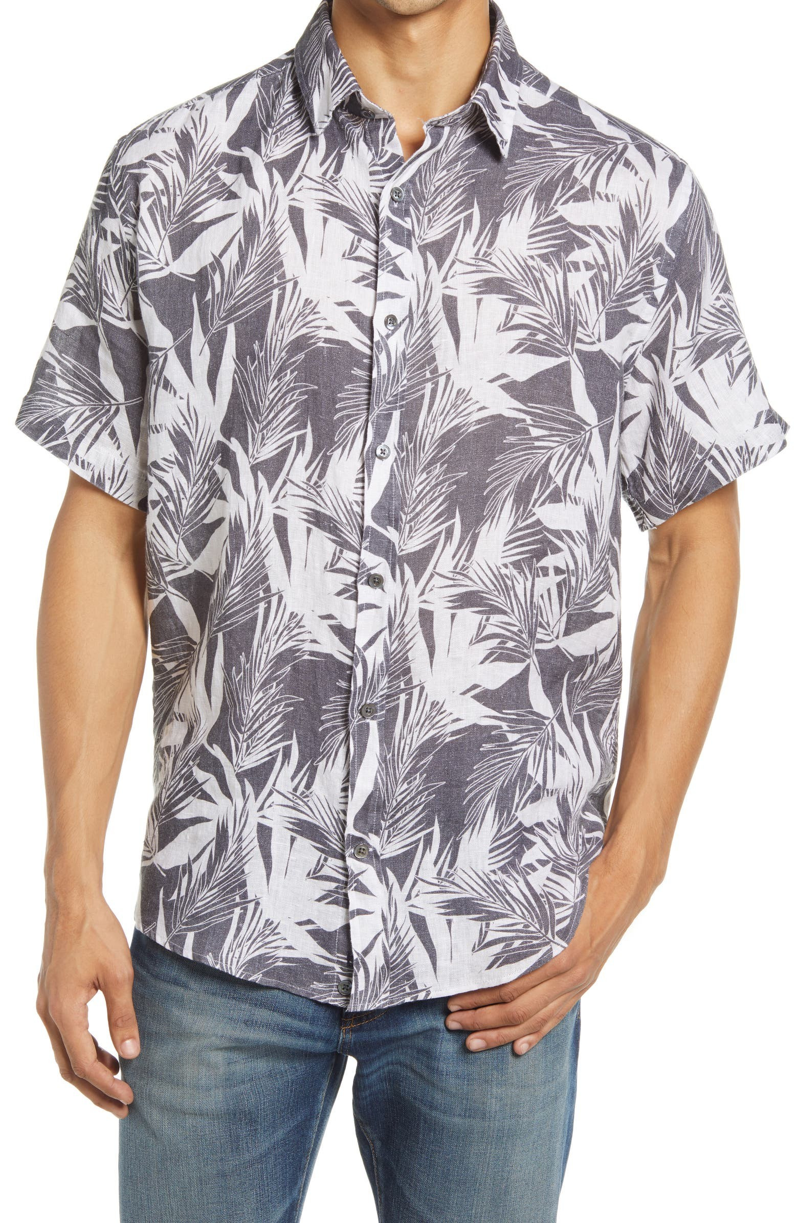 Regular Fit Palm Print Linen Short Sleeve Button-Up Shirt | Nordstrom | Nordstrom