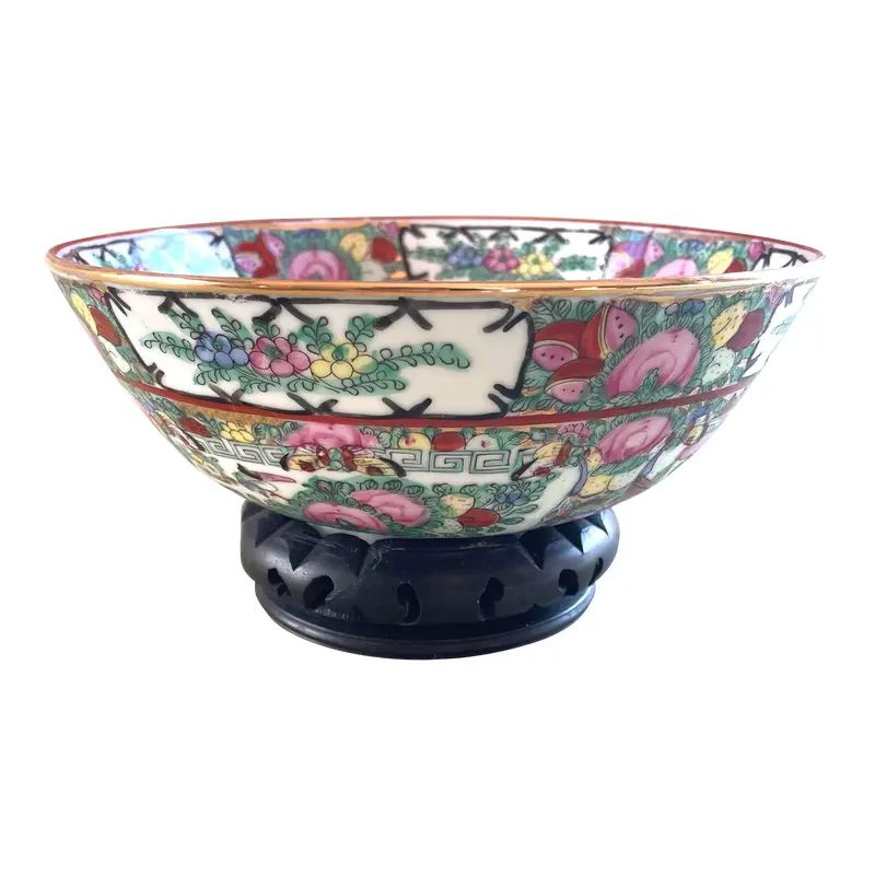 Chinoiserie Famille Rose Medallion Japanese Porcelain Bowl on Carved Wood Stand | Chairish