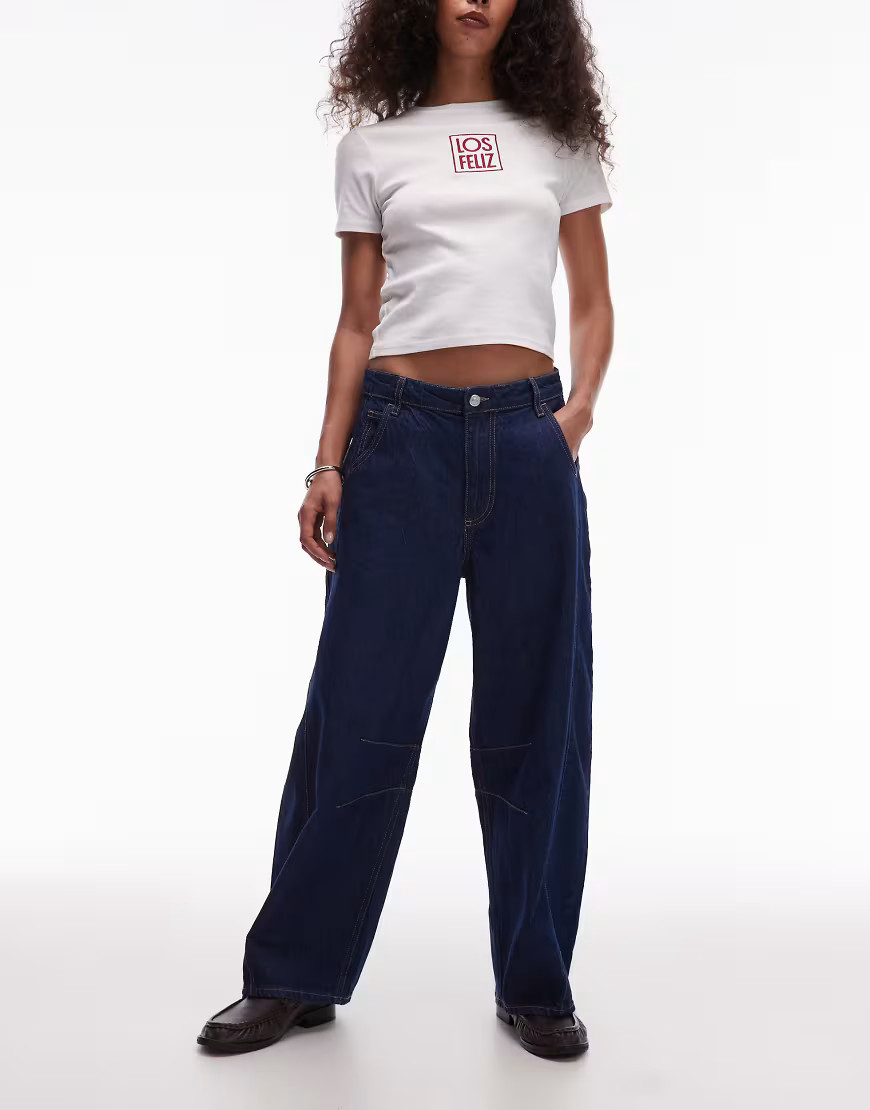 Topshop mid rise side panel barrel jean in indigo rinse-Blue | ASOS (Global)