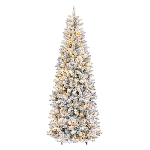 Hykolity 6' Artificial Pencil Slim Christmas Tree Snow Flocked Tree with 200 Color Changing LEDs, 544 PVC Tips, Quick Assembly Hinged, Metal Stand​ | Amazon (US)