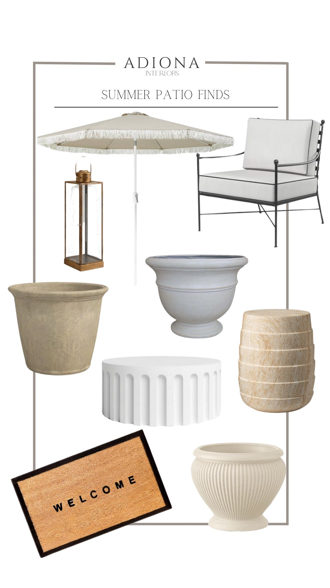 Summer patio finds 

Outdoor chair, outdoor umbrella, patio umbrella, lantern, outdoor coffee table, outdoor side table, garden stool, planter, outdoor mat, door mat, budget finds, home decor, outdoor living, amazon finds, wayfair finds 

#LTKSeasonal #LTKSaleAlert #LTKHome