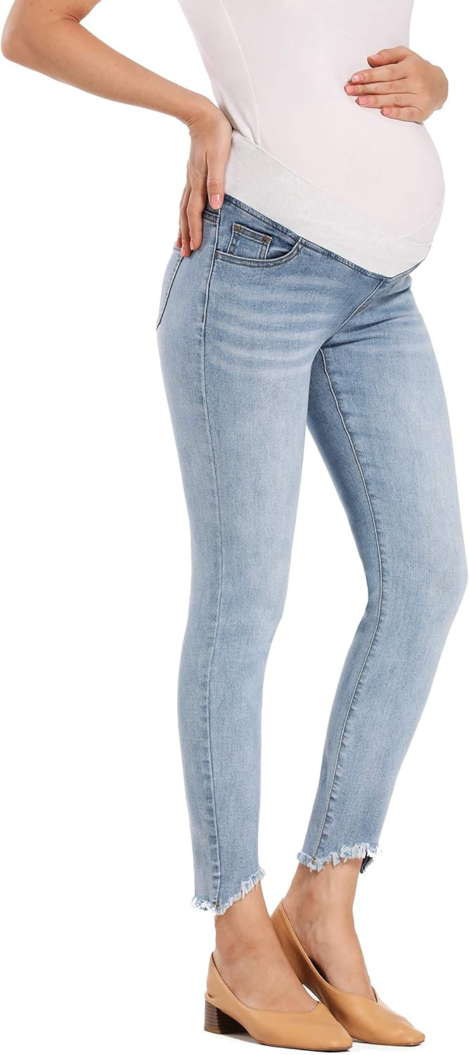 Foucome Women's Maternity Jeans Underbelly Skinny Jeggings Cute Distressed Jeans Comfy Stretch Pants | Amazon (US)