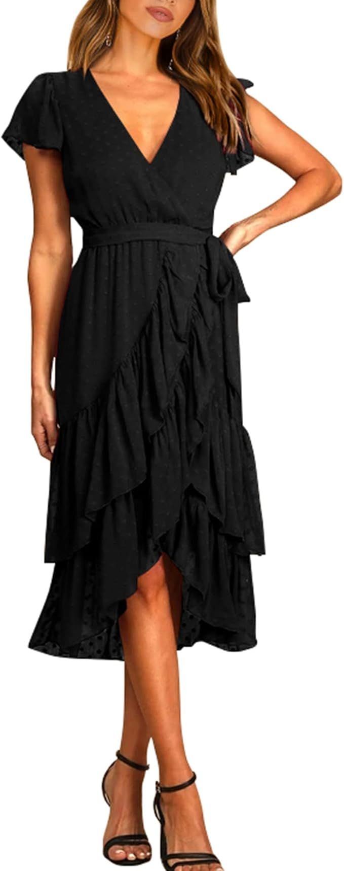 BTFBM Women Casual V Neck Dresses Boho Short Sleeve Chiffon Swiss Dot Belted Ruffle Wrap 2023 Sum... | Amazon (US)