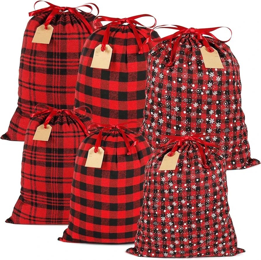 HRX Package Big Fabric Drawstring Gift Bags, 6pcs Reusable Christmas Sacks Red and Black Buffalo ... | Amazon (US)