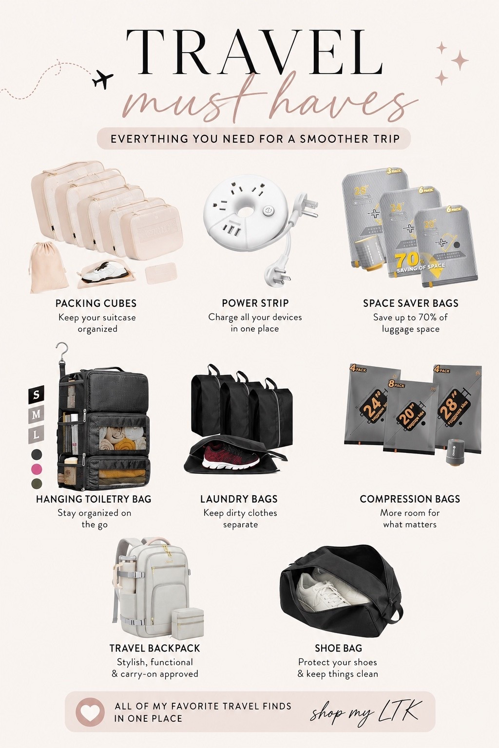 ✈️ Travel season is here, and these are the items I never travel without!

From packing cubes and compression bags to a travel power strip and shoe bags, these finds help me stay organized, save suitcase space, and make every trip a little less stressful.

I’ve linked all of my travel favorites in my LTK so you can pack smarter, not harder. 🤍

Which travel essential can you not leave home without?

#LTKTravel #TravelEssentials #AmazonFinds #CarryOnEssentials #VacationReady #TravelOrganization #PackingHacks #TravelMustHaves

#LTKSaleAlert #LTKTravel