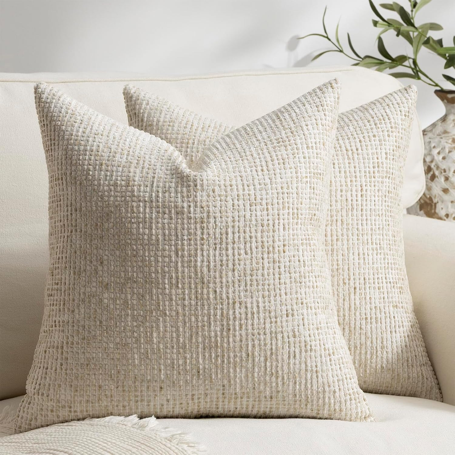 Pack of 2 Neutral Throw Pillow Covers 18x18 Boho Textured Dots Stripe Chenille Square Decorative ... | Amazon (US)