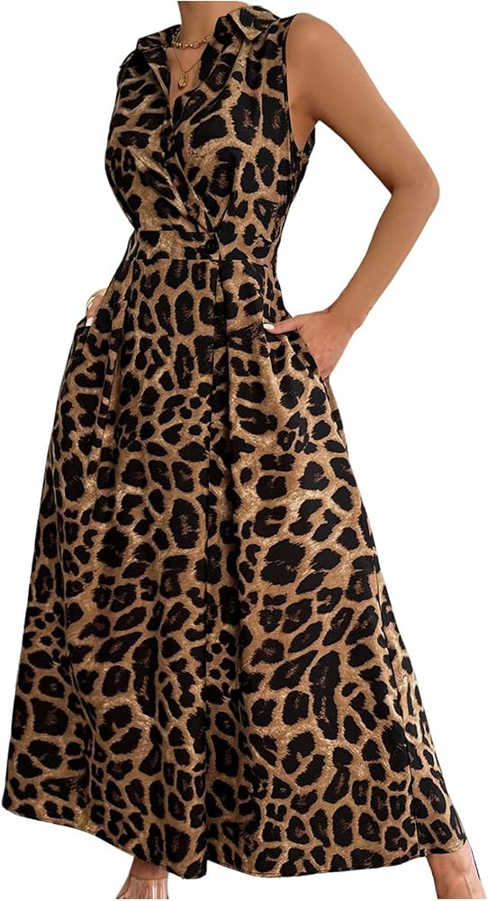 OYOANGLE Women's Leopard Print Sleeveless Collared V Neck Long Dress Elegant Flowy Cheetah Dress ... | Amazon (US)