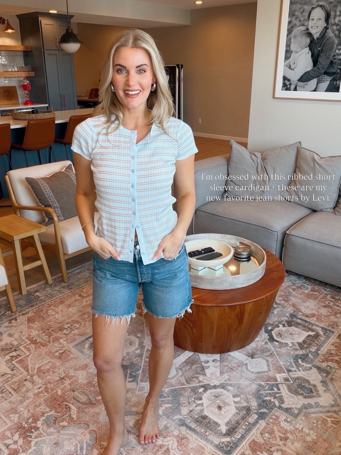 Vacation outfit, spring outfit - wearing an extra small in the short sleeve, striped cardigan, and size 27 in the mid thigh Levi’s jean shorts. @Target ￼#targetstyle 

#LTKootd #LTKmomlife #LTKSeasonal