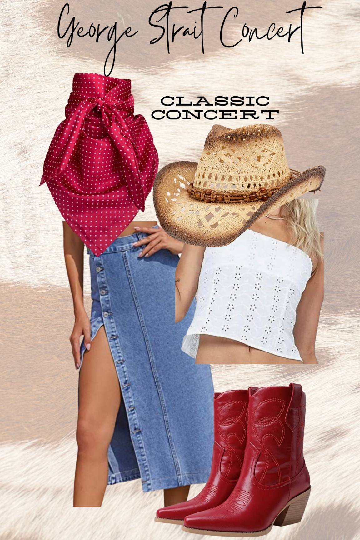 Classic George Strait concert look mid length slit denim skirt, white eyelet, top, Strawhat, red boots, polkadot, wild rag western fashion, concert style