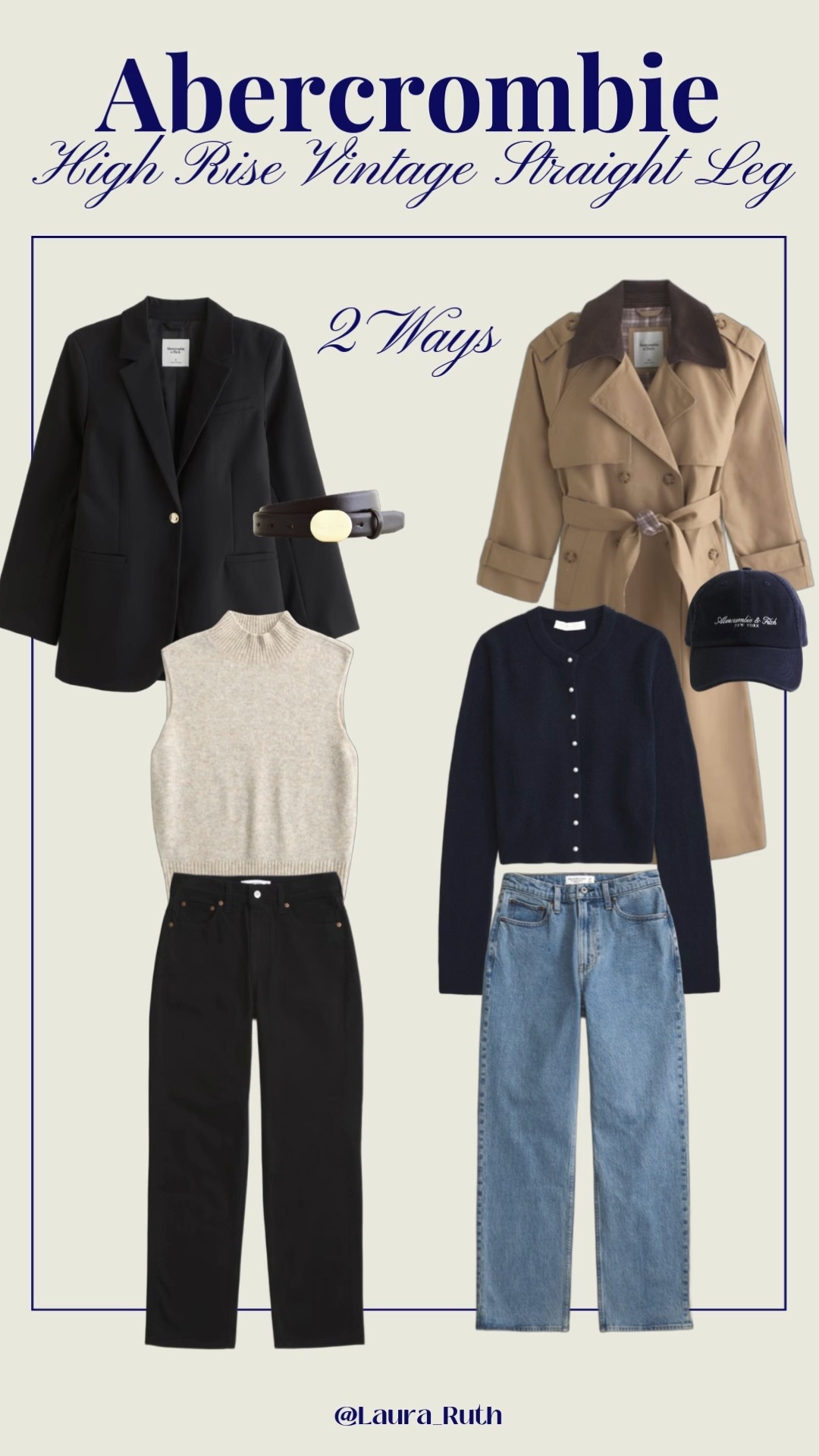 Abercrombie high rise vintage straight leg jeans 🤍 the perfect everyday denim, flattering high waist, classic straight leg, and easy to dress up or down. Styled 2 ways: blazer and knit vest for a chic neutral look or trench and cardigan for elevated casual. 👖@abercrombie 

#LTKspring #LTKjeans #LTKXAbercrombieDenim