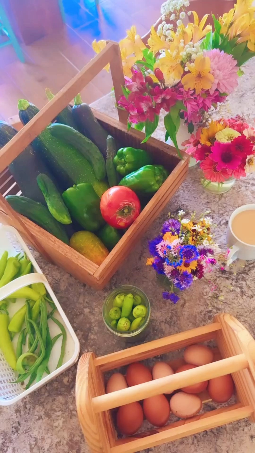 Gave almost all of our garden harvest goodness 🧺🌼🫑🍅🫛🌿 to Wes’ parents and grandparents 🫶🏽 for Father’s Day ☀️, but still so so pretty 🤩 what I have left sitting on my kitchen island!! 🫙🌞🥚💐 Alllll the homegrown goodness and colors - so beautiful! 😍