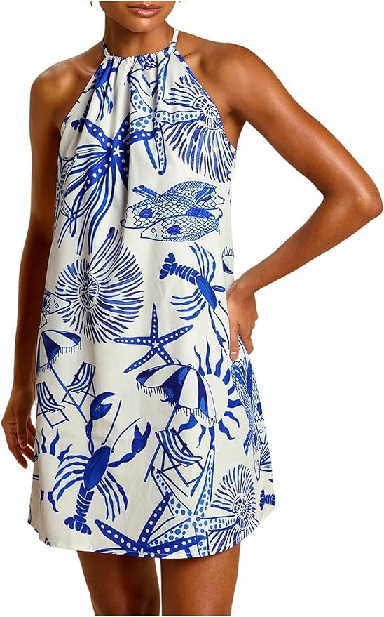 SweatyRocks Women's Tropical Print Halter Dresses Sleeveless Holiday Summer Mini Dress | Amazon (US)