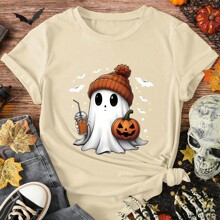 Plus Size Cute Halloween Ghost TShirt Pumpkin Halloween TShirt Casual Short Sleeve Round Neck Tee Tops | SHEIN