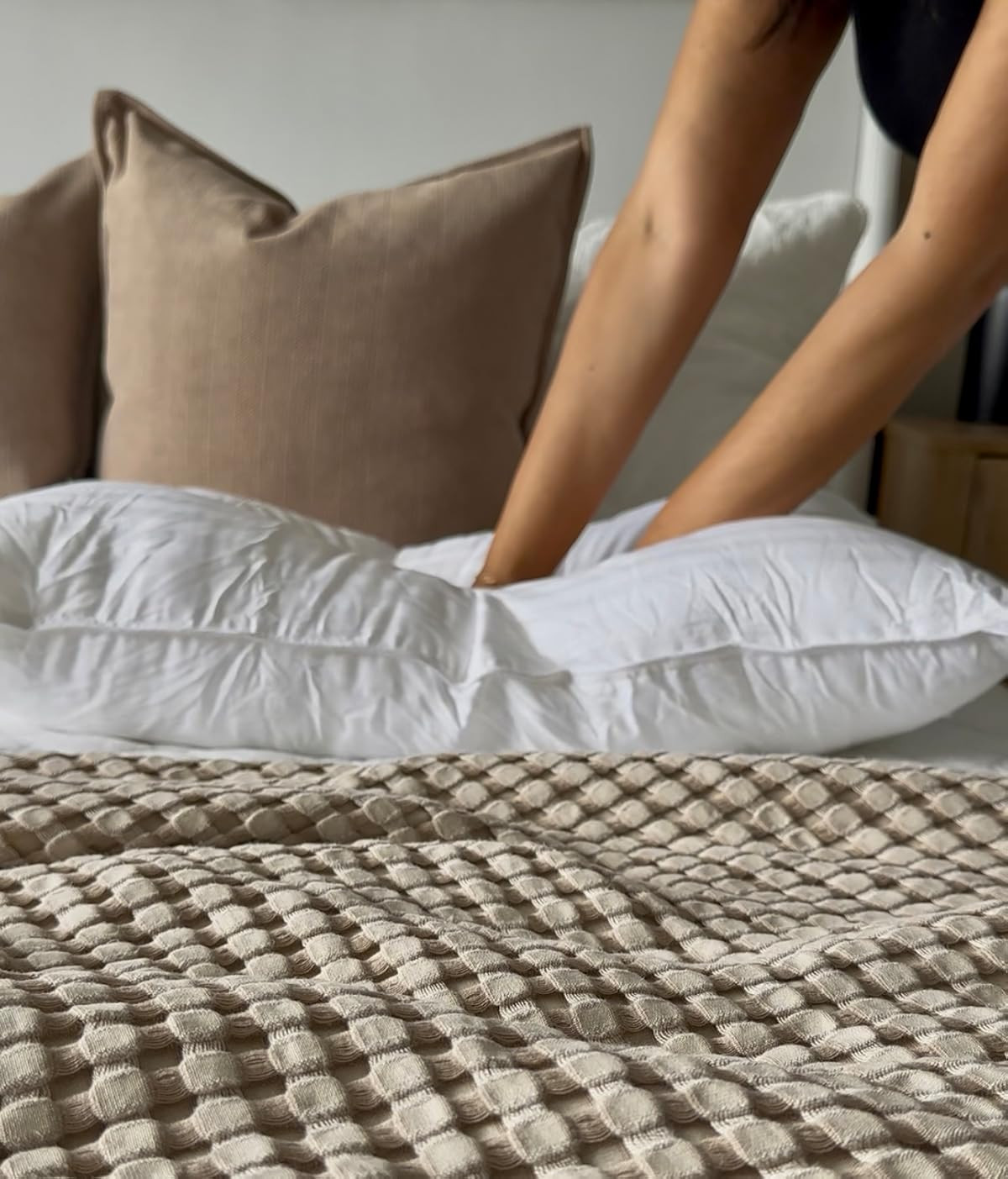 The absolute best sleep pillows! Neutral bedding, waffle blanket, white quilt, textured pillows. | Amazon (US)