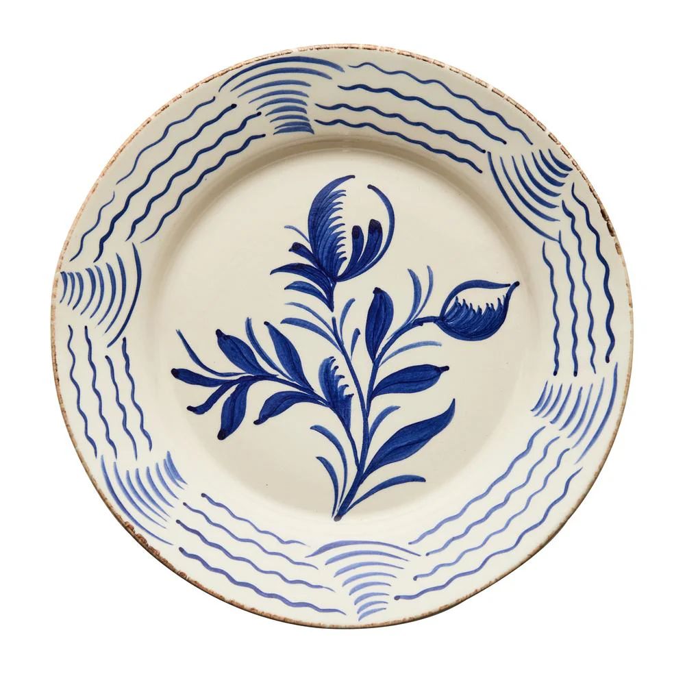 Hand-Painted Blue and White Dinner Plate, 2 Flowers/ Waves | Paloma & Co.