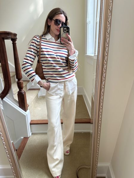 Great outfit for work and casual yet dressy occasions! Ivory trousers, stripes and layers with a classic button down! 

#LTKSeasonal #LTKover40 #LTKworkwear