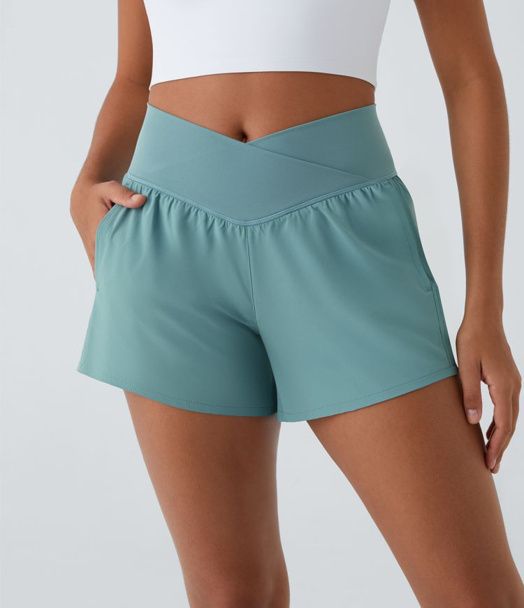 Women’s Breezeful™ High Waisted Crossover Side Pocket 2-in-1 Quick Dry Yoga Shorts 4" - Halar... | HALARA