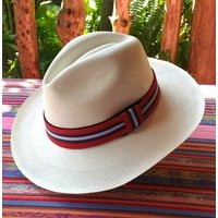 Genuine Ecuadorian White Panama Hat with Handmade Removable Band Red Grey and White Stripe Handwoven | Etsy (US)