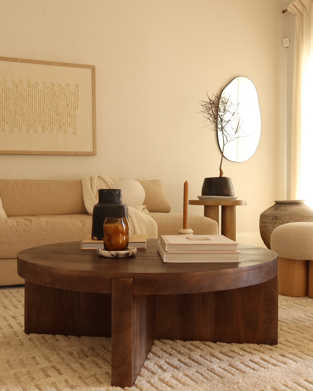 Organic modern living too 
Solid round dining table chairs end table stools ottoman living room home decor mirrors wall art textured art wall decor 

#LTKHome #LTKSeasonal #LTKFindsUnder100