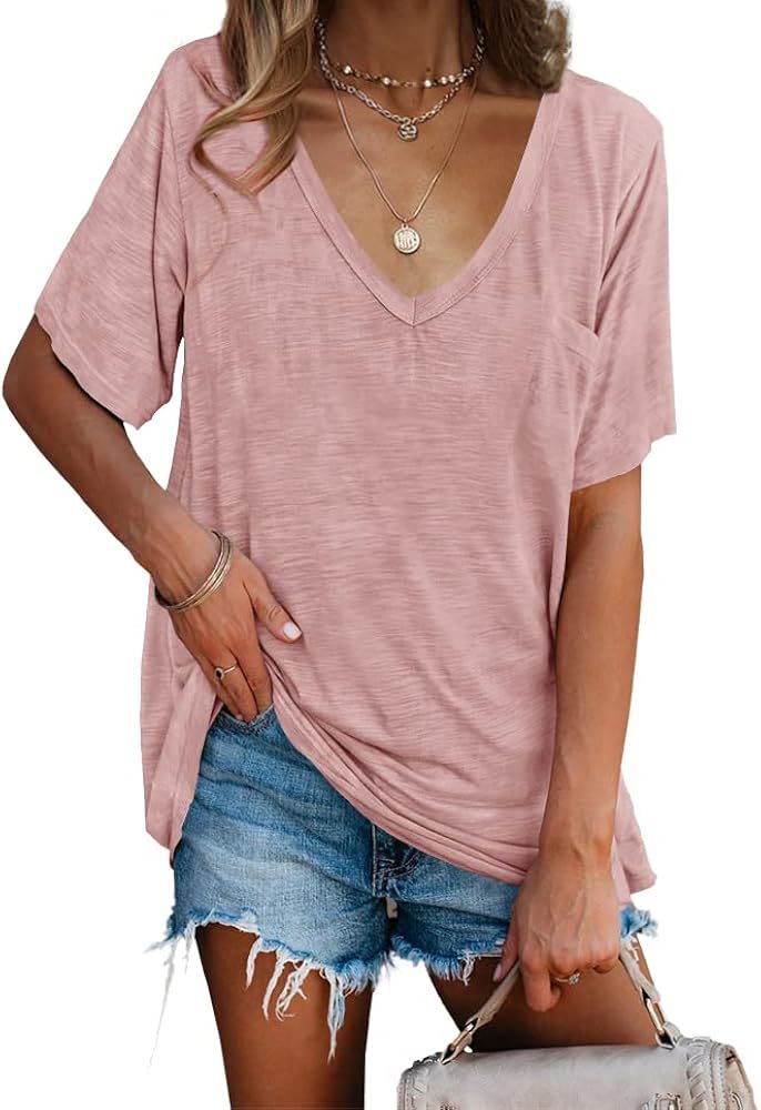 imesrun Womens V Neck TShirts Short Sleeve Loose Casual Summer Tops with Pocket | Amazon (US)