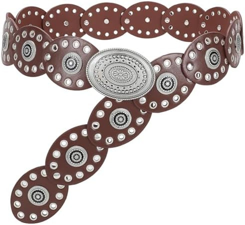 WHIPPY Women Disc Concho Leather Belt Western Cowgirl Wide Belt Vintage Boho Country Oval Waist B... | Amazon (US)