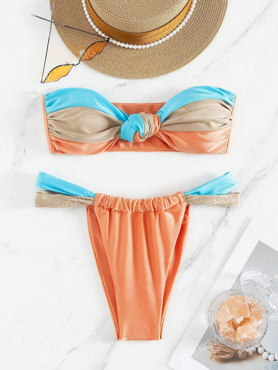 New Fashionable Sexy Spliced Color Block Bandeau Bikini Separates Swimsuit Set | SHEIN