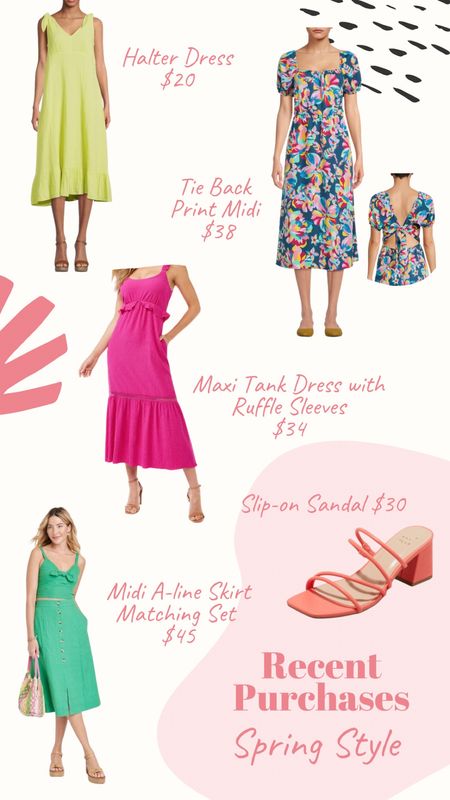 Spring styles, a-line skirt matching set, ruffled top midi dress, tie-back dress