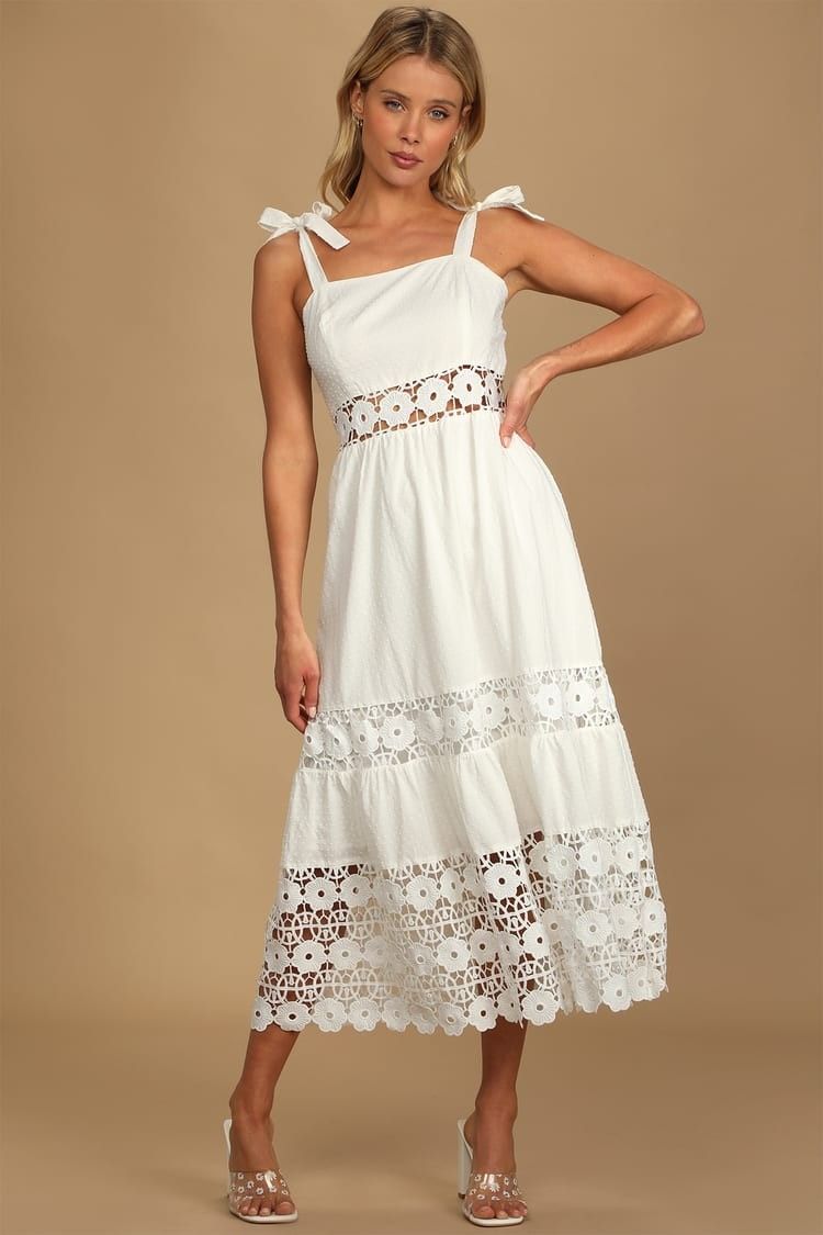 Cheery Days White Swiss Dot Tie-Strap Sleeveless Midi Dress - White Dress | Lulus (US)