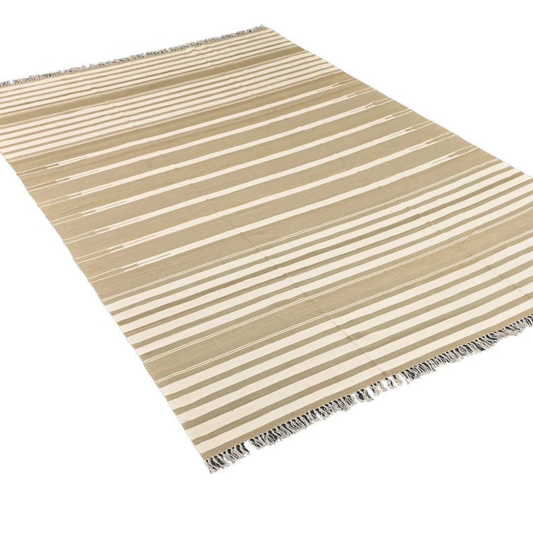 Handmade Cotton Area Rug, Flat Weave Natural Vegetable Dyed Indian Dhurrie,Reversible Striped Pat... | Etsy (US)