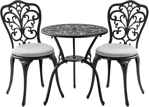 Withniture 3 Piece Bistro Patio Set Cast Aluminum Bistro Table and Chairs Set of 2 with Cushion,Outdoor Bistro Table Set with Umbrella Hole,Metal Patio Furniture Set for Garden,Black | Amazon (US)