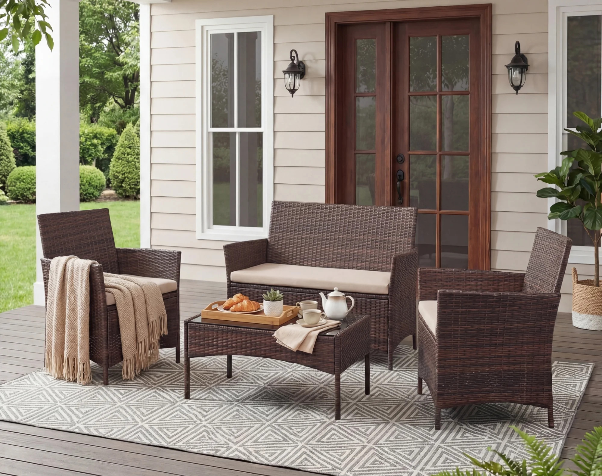 Lacoo 4 Pieces Patio Furniture Set Outdoor Conversation Wicker Rattan Chairs Seating with Cushion... | Walmart (US)