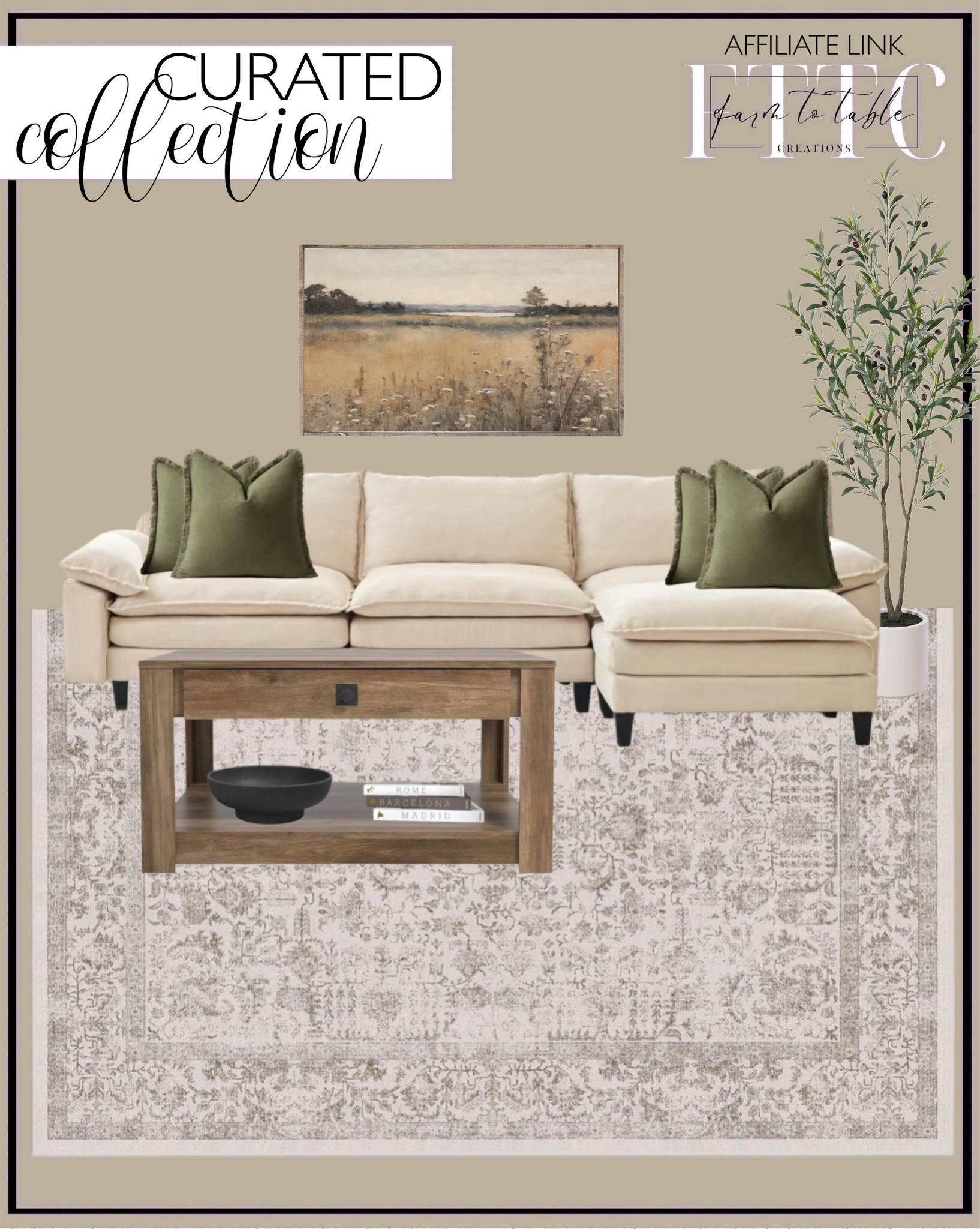 Curated Living Room. Follow @farmtotablecreations on Instagram for more inspiration.

Use code FARMTOTABLE for 15% off artwork. 

Deep Seat Sectional Sofa, Comfy Cloud Couch loveseat with Ottoman. Vintage Area Rug. Modern Top Rectangular Coffee Table. MIULEE Set of 2 Linen Throw Pillow Covers. Olive Tree in Pot. Neutral Framed Art. Set of 3 XL Decorative Blank Book Set. Large Decorative Concrete Bowl. 

Amazon Finds. Cozy Living Room. Coffee Table. Area Rug. Oversized Art. Amazon Home. 

#LTKSaleAlert #LTKFindsUnder50 #LTKHome