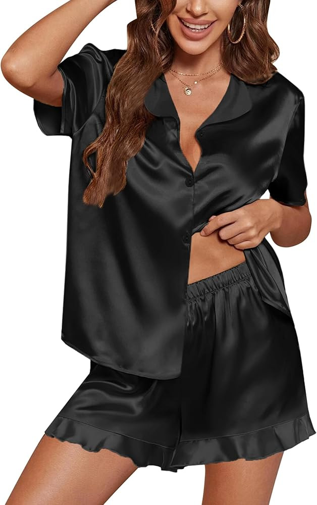 SWOMOG Women's Silk Satin Pajamas Set Short Sleeve Button Down Sleepwear Ruffle Hem Shorts PJ Set... | Amazon (US)