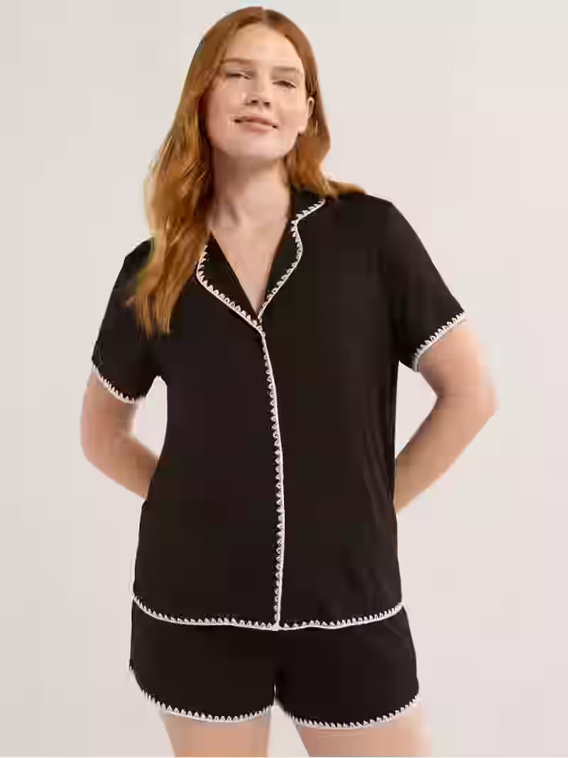 Joyspun Women’s Short Sleeve Notch Top and Shorts Pajama Set with Blanket Stitching, Sizes XS-3... | Walmart (US)