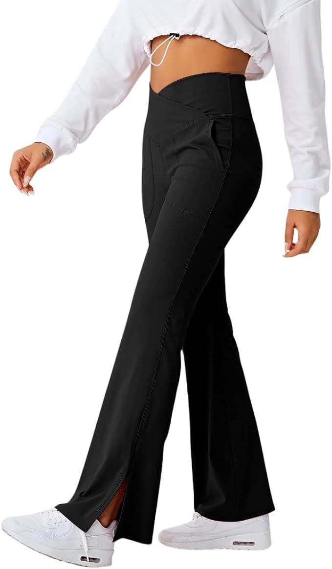 Women's Bootcut Yoga Pants Work Pants Crossover Split Hem Full Length Flare Leggings with Pocket | Amazon (US)
