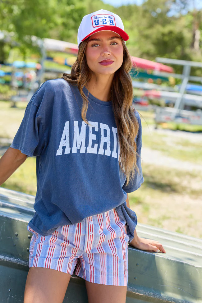 America Distressed Navy Oversized Graphic Tee | Pink Lily