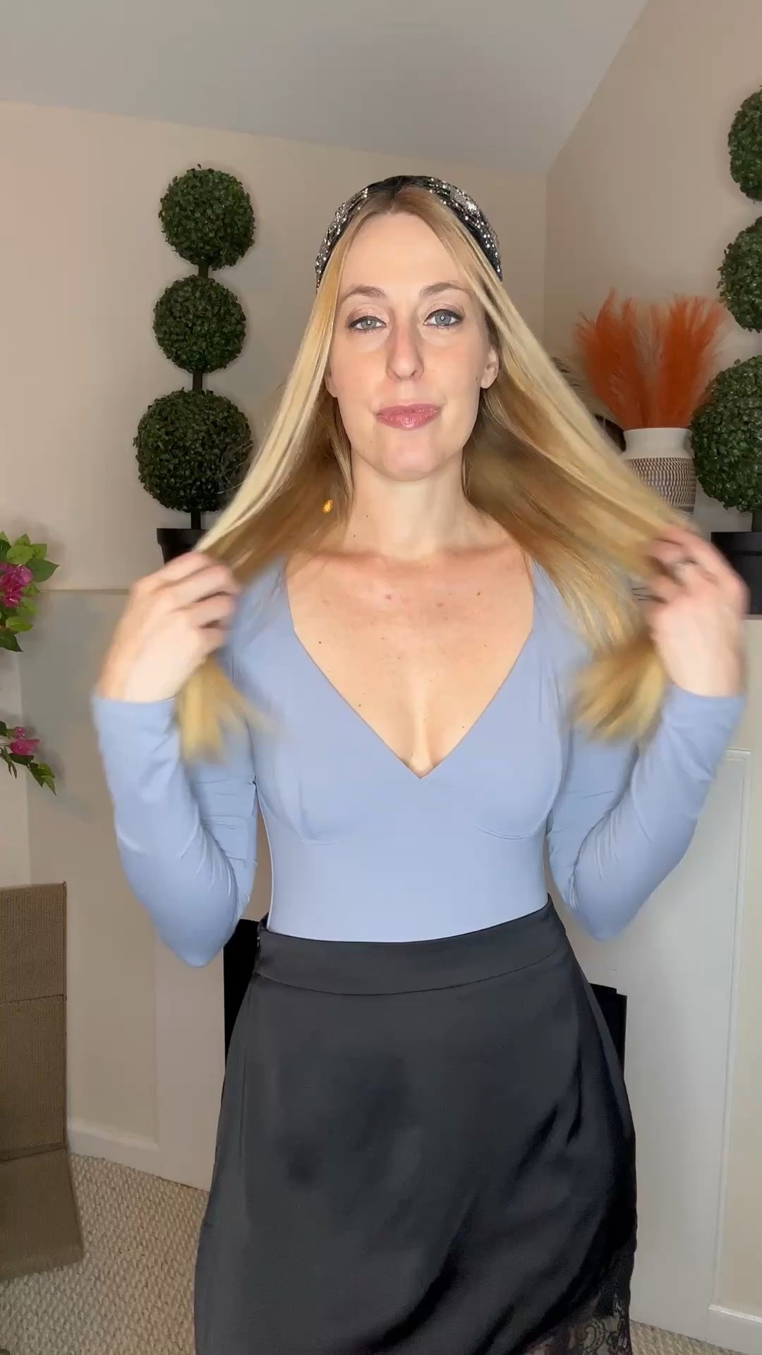 Fall date night style 
💙i love the fit of this long sleeve bodysuit 
💙 the skirt is so soft and beautiful, no stretch though
💙wearing small in it, fits true to size and I am 5’10”

#LTKTall