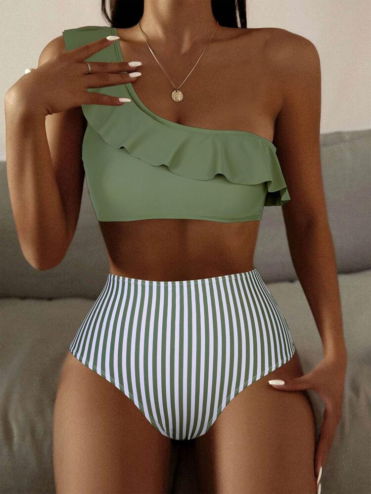 Striped Ruffle One Shoulder High Waisted Bikini Swimsuit | SHEIN