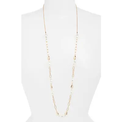 Nordstrom Faux Pearl Station Chain Long Necklace in Clear- White- Gold at Nordstrom | Nordstrom